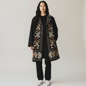 Christine Phillipe Women’s Black Pinstripe Jacket Paisley and Floral Embroidery